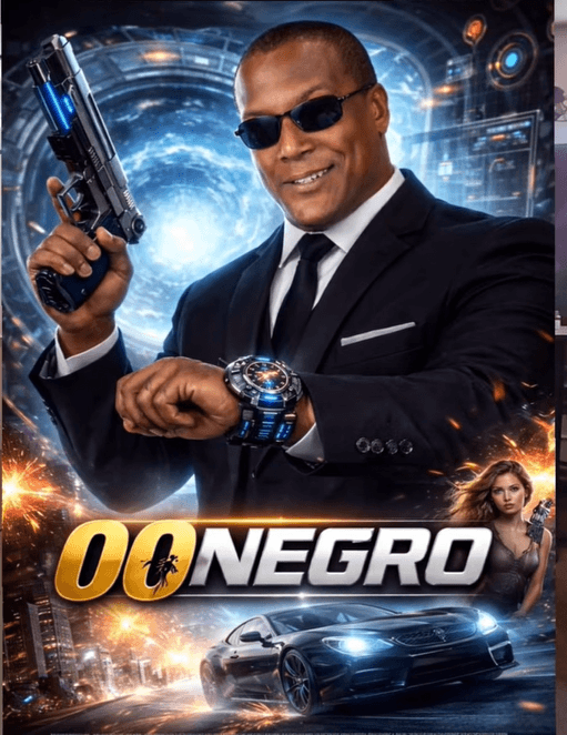 Movie poster for "00NEGRO" featuring a man in a suit, futuristic gun, and sports car.