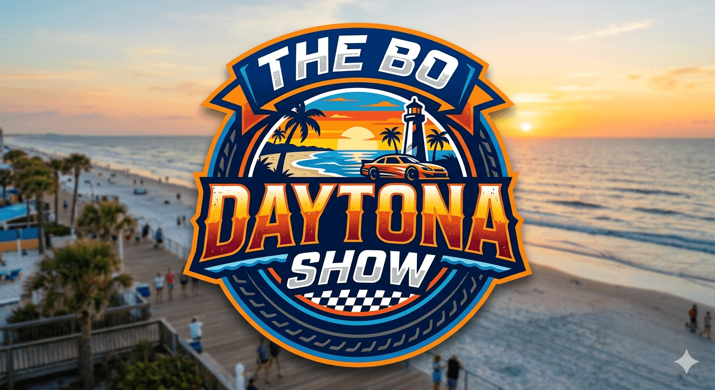 Logo for The Bo Daytona Show featuring a car and lighthouse over beach sunset.