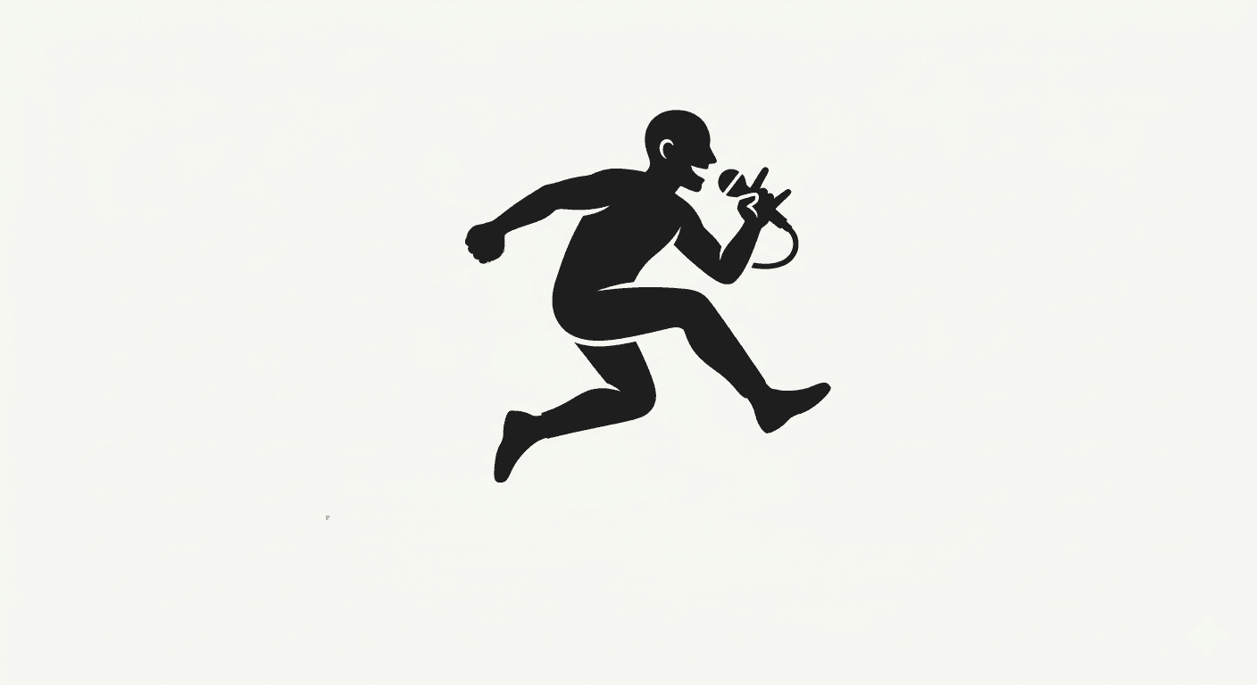 Black silhouette of a person jumping and singing into a microphone against a white background.